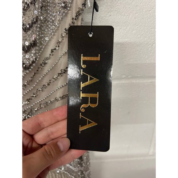 New Lara Sz 6 Silver Fringe Beaded Short Sleeve V-Neck Cocktail Party Mini Dress - Picture 5 of 10